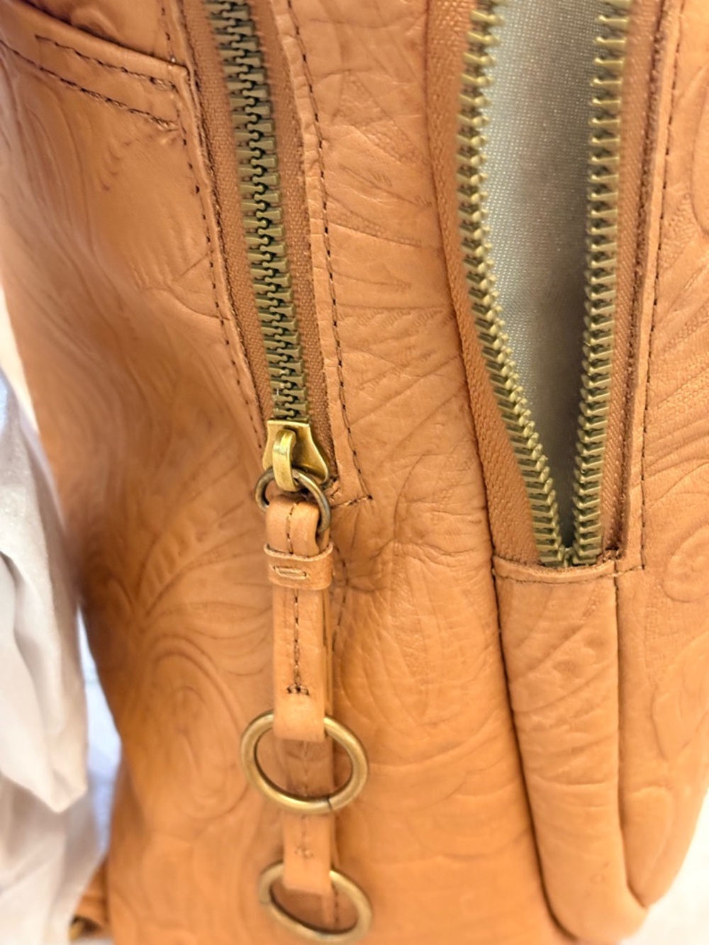 NWT Embossed Floral Leather Backpack - American Leather - Tan - Picture 6 of 11
